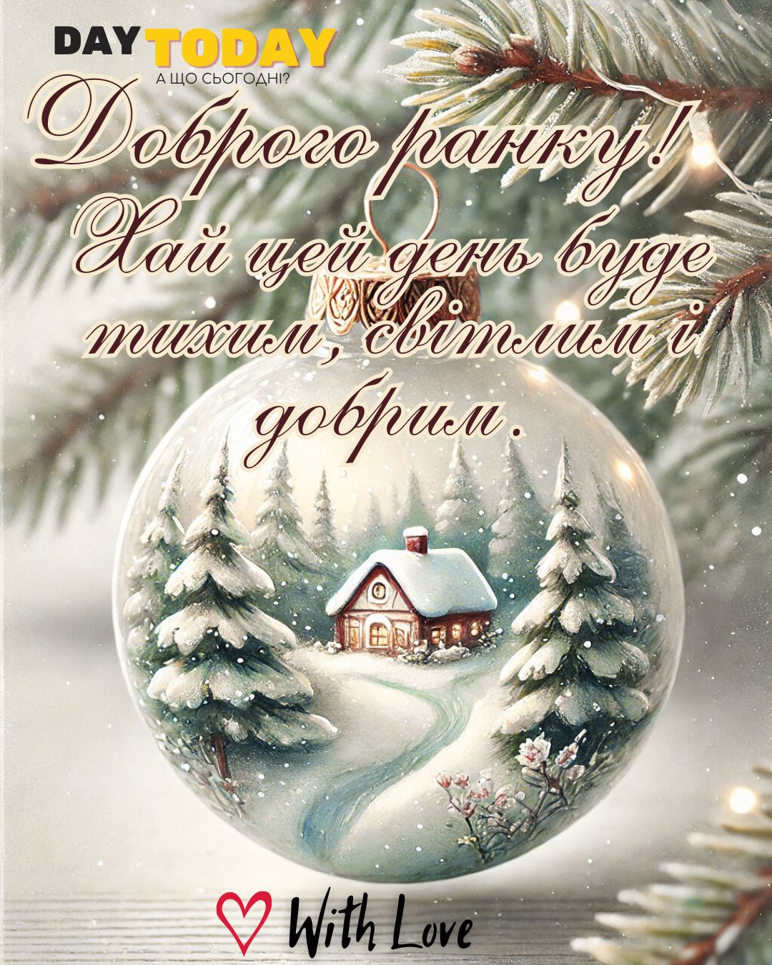 Доброго ранку! Хай цей день буде тихим, світлим і добрим! картинка з кулькою на ялинці, зимова листівка | Вітальна листівка - Доброго ранку - Добрий день - Теплі листівки - Зимові листівки