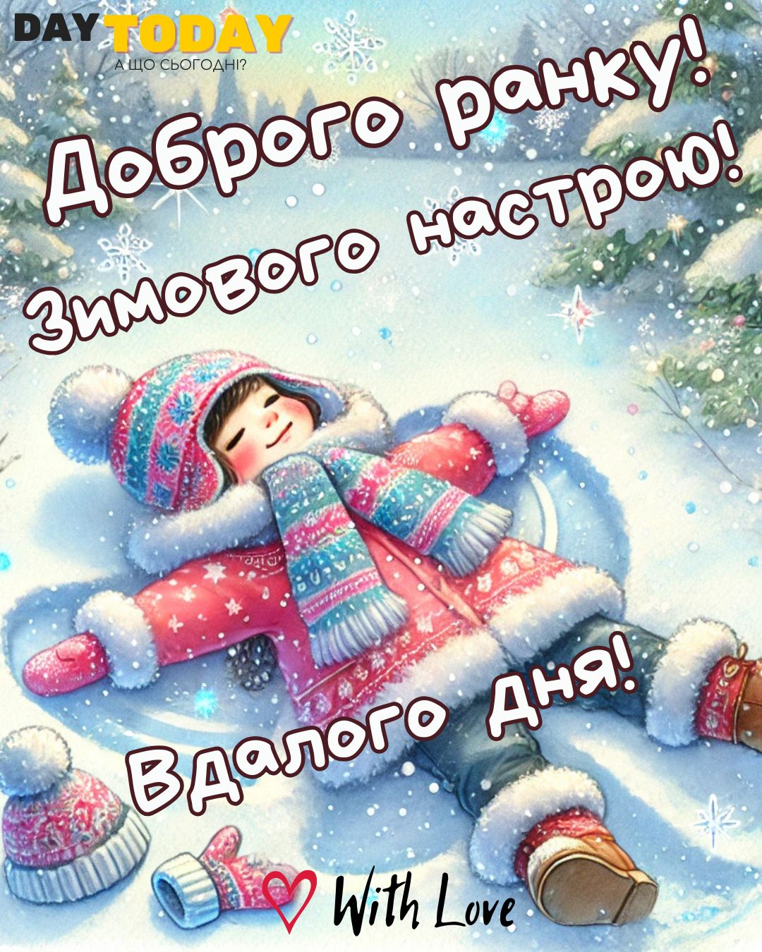Доброго ранку! Вдалого дня! Зимового настрою! картинка з дитиною, що робить снігового янгола, лежачи на снігу, зимова листівка | Вітальна листівка - Доброго ранку - Добрий день - Теплі листівки - Зимові листівки