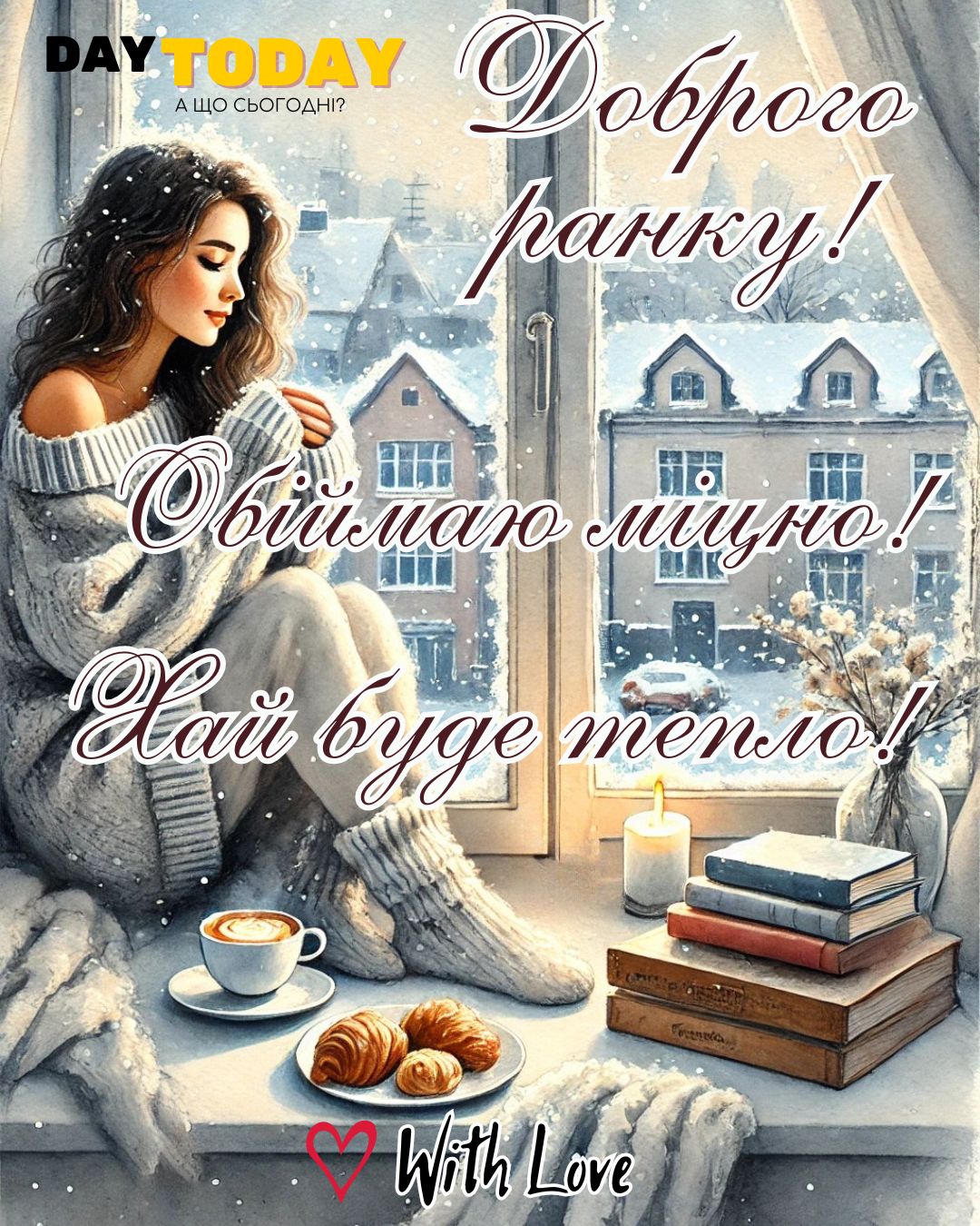 Доброго ранку! Обіймаю міцно! хай буде тепло! картинка з чашкою кави, круасанами та дівчиною на підвіконні, зимова листівка | Вітальна листівка - Доброго ранку - Добрий день - Теплі листівки - Зимові листівки