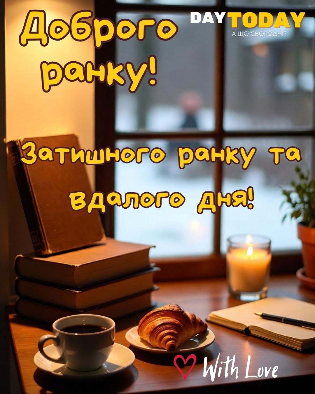 Доброго ранку! Затишного ранку та вдалого дня! картинка з чашкою кави, круасаном, свічкою, книгами, зимова листівка | Вітальна листівка - Доброго ранку - Добрий день - Теплі листівки - Зимові листівки