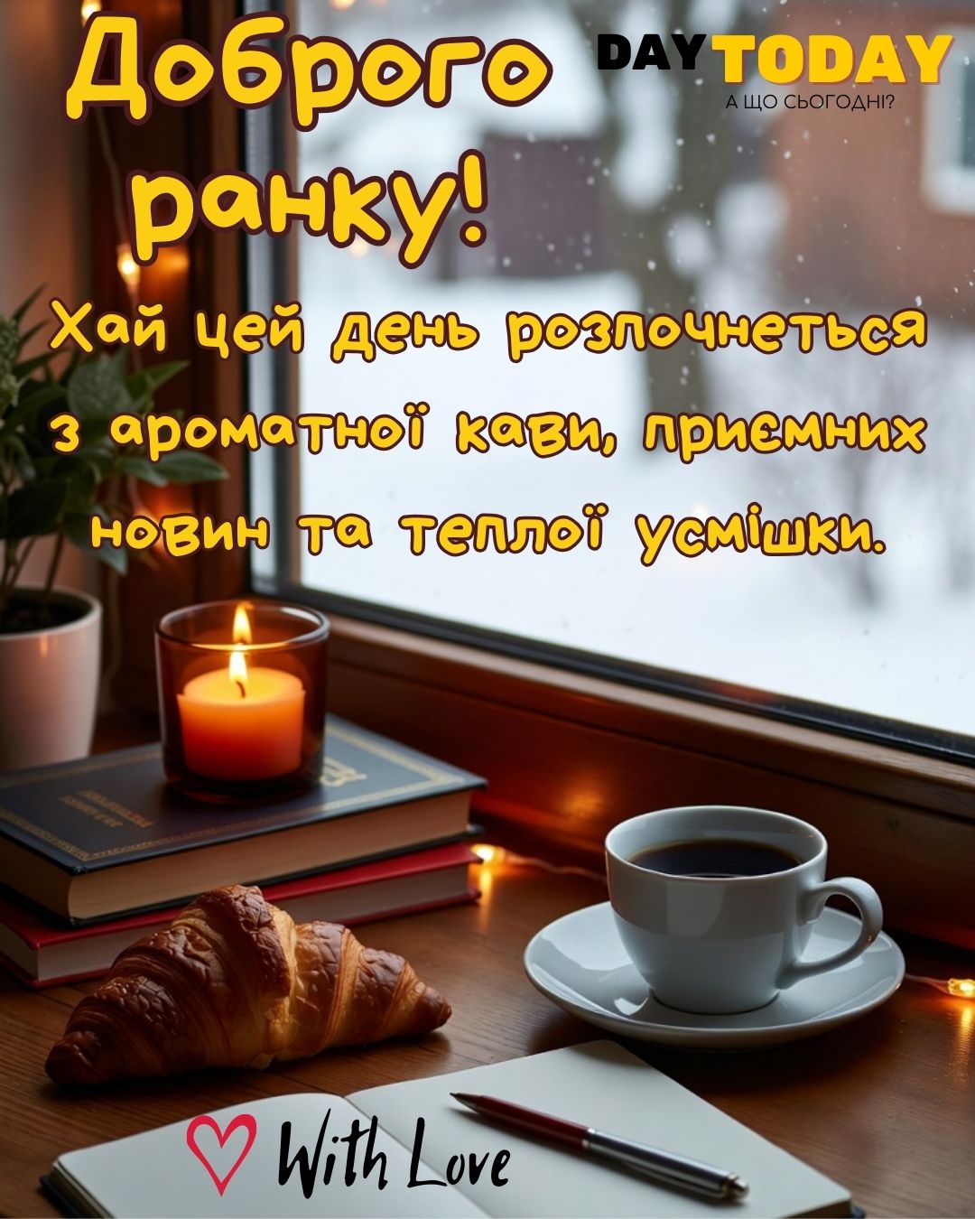 Доброго ранку! Хай цей день розпочнеться з ароматної кави, приємних новин та теплої усмішки. картинка з чашкою кави та круасаном, зимова листівка | Вітальна листівка - Доброго ранку - Добрий день - Теплі листівки - Зимові листівки