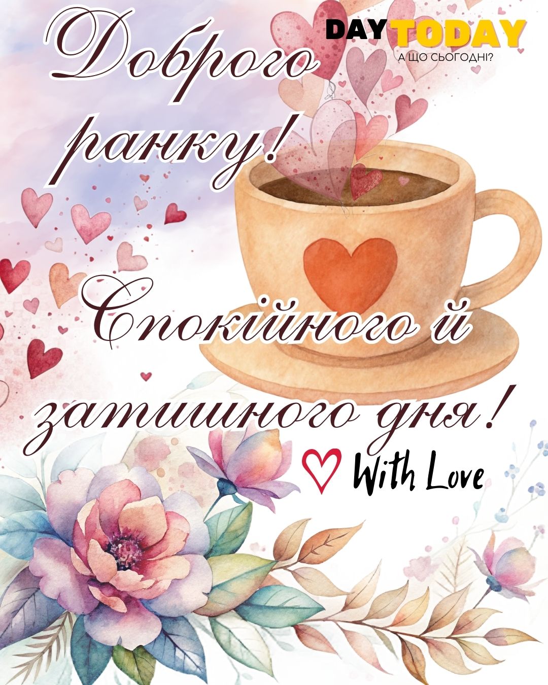Доброго ранку! Спокійного й затишного дня! картинка з чашкою кави та серденьками, тепла листівка | Вітальна листівка - Доброго ранку - Добрий день - Теплі листівки
