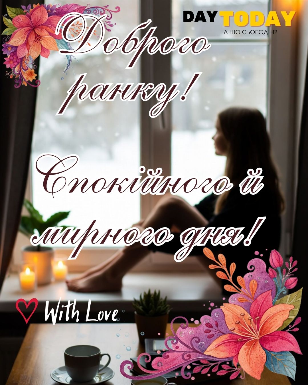 Доброго ранку! Спокійного й мирного дня! картинка з чашкою кави у руках та квітами, зимова листівка | Вітальна листівка - Доброго ранку - Добрий день - Теплі листівки - Зимові листівки