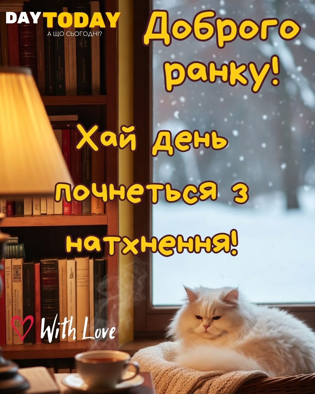 Доброго ранку! Нехай день почнеться з натхнення! картинка з чашкою та котиком, зимова листівка | Вітальна листівка - Доброго ранку - Добрий день - Теплі листівки - Зимові листівки