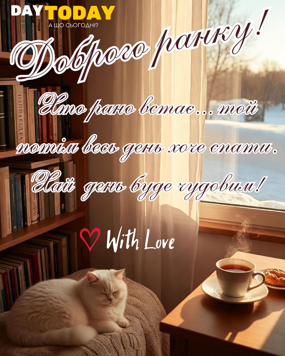 Доброго ранку! хто рано встає... той потім весь день хоче спати. Хай день буде чудовим! картинка з чашкою чаю та котиком, зимова листівка | Вітальна листівка - Доброго ранку - Добрий день - Теплі листівки - Зимові листівки