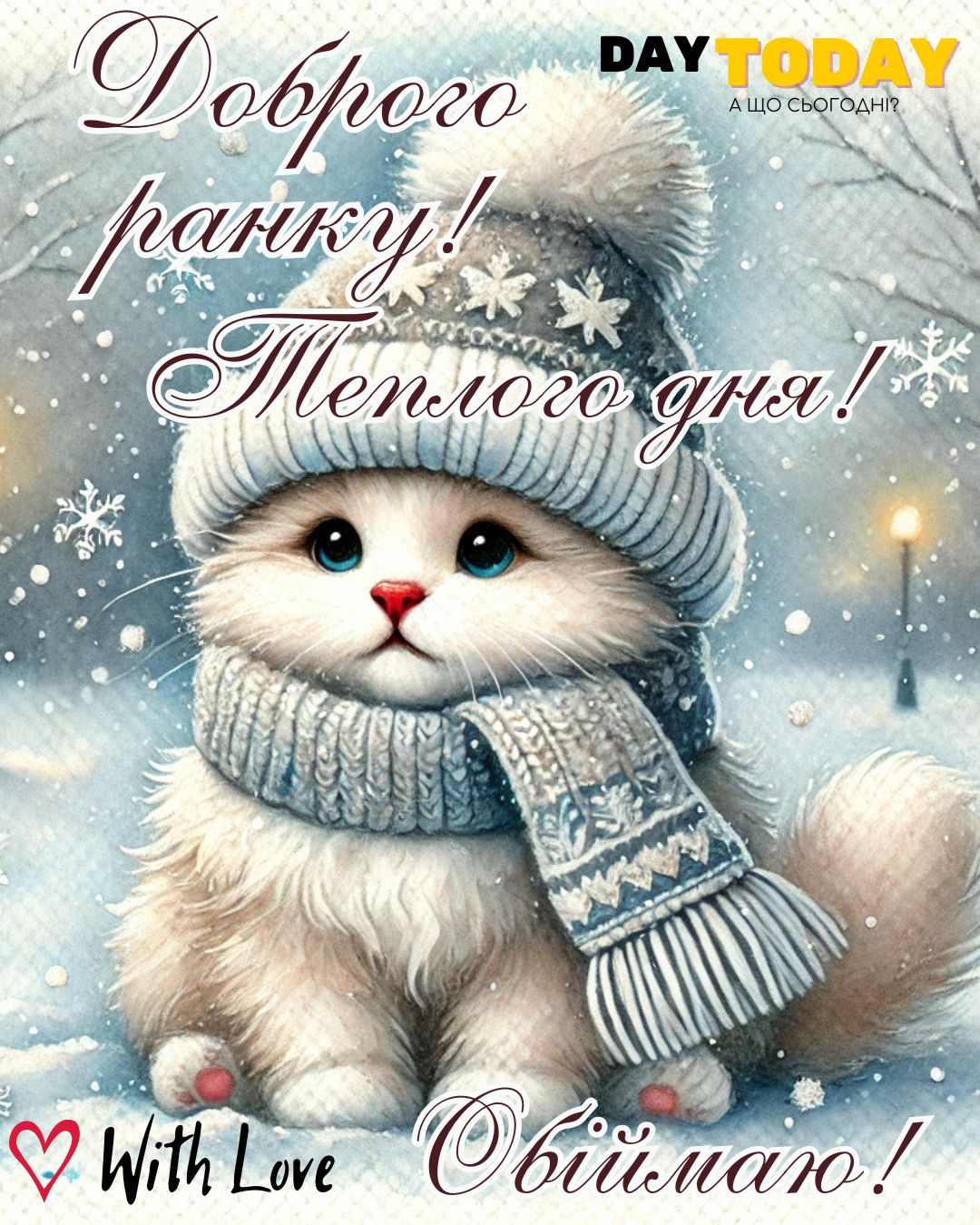 Доброго ранку! Теплого дня! Обіймаю! картинка з котиком у шапці, зимова листівка | Вітальна листівка - Доброго ранку - Добрий день - Теплі листівки - Зимові листівки