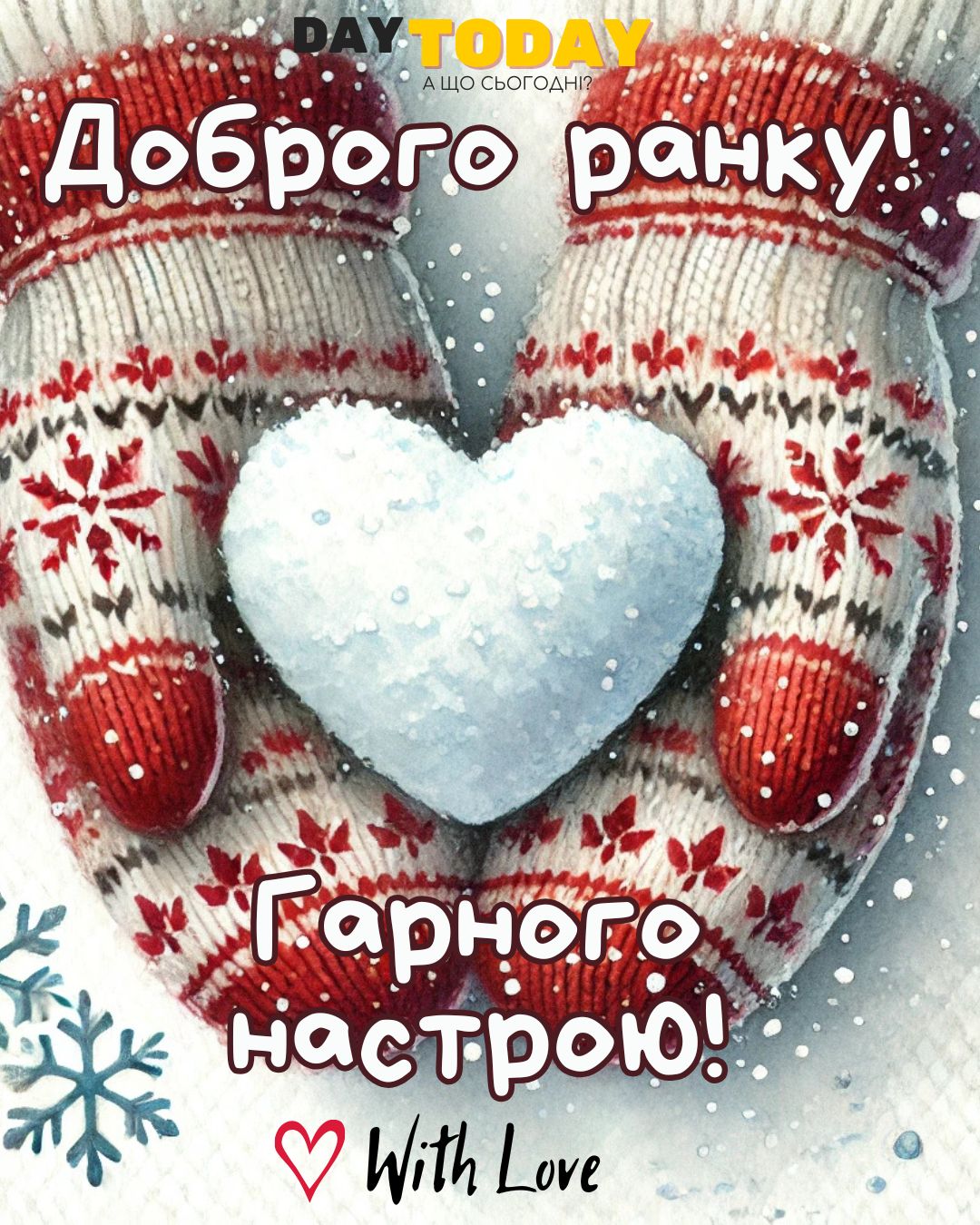 Доброго ранку! Гарного настрою! картинка зі сніжкою серденьком у руках, зимова листівка | Вітальна листівка - Доброго ранку - Добрий день - Теплі листівки - Зимові листівки