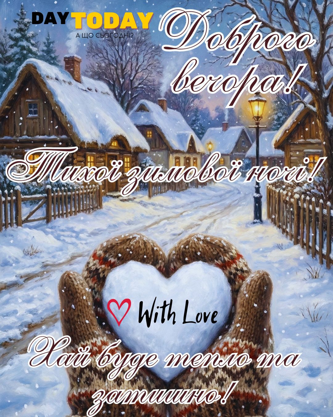 Доброї ночі! Доброго вечора! Тихої зимової ночі! Хай буде тепло та затишно! картинка з хатинками на зимовій вулиці, зимова листівка | Вітальна листівка - Доброї ночі - Теплі листівки - Зимові листівки