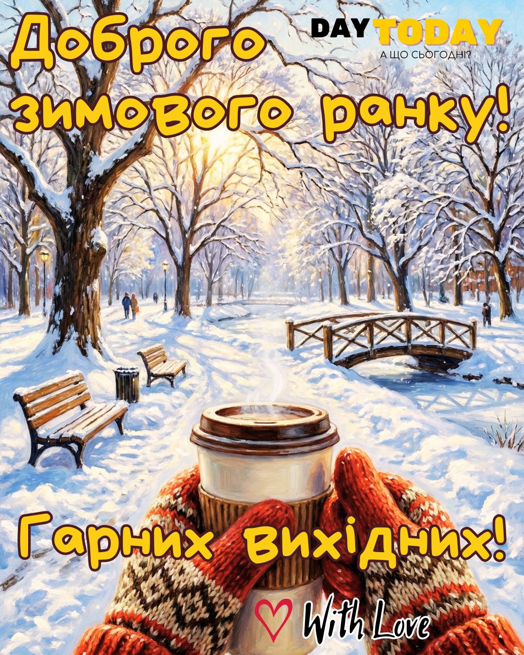 Доброго зимового ранку! Гарних вихідних! картинка з чашкою кави у руках у зимовому парку, зимова листівка | Вітальна листівка - Доброго ранку - Добрий день - Теплі листівки - Зимові листівки