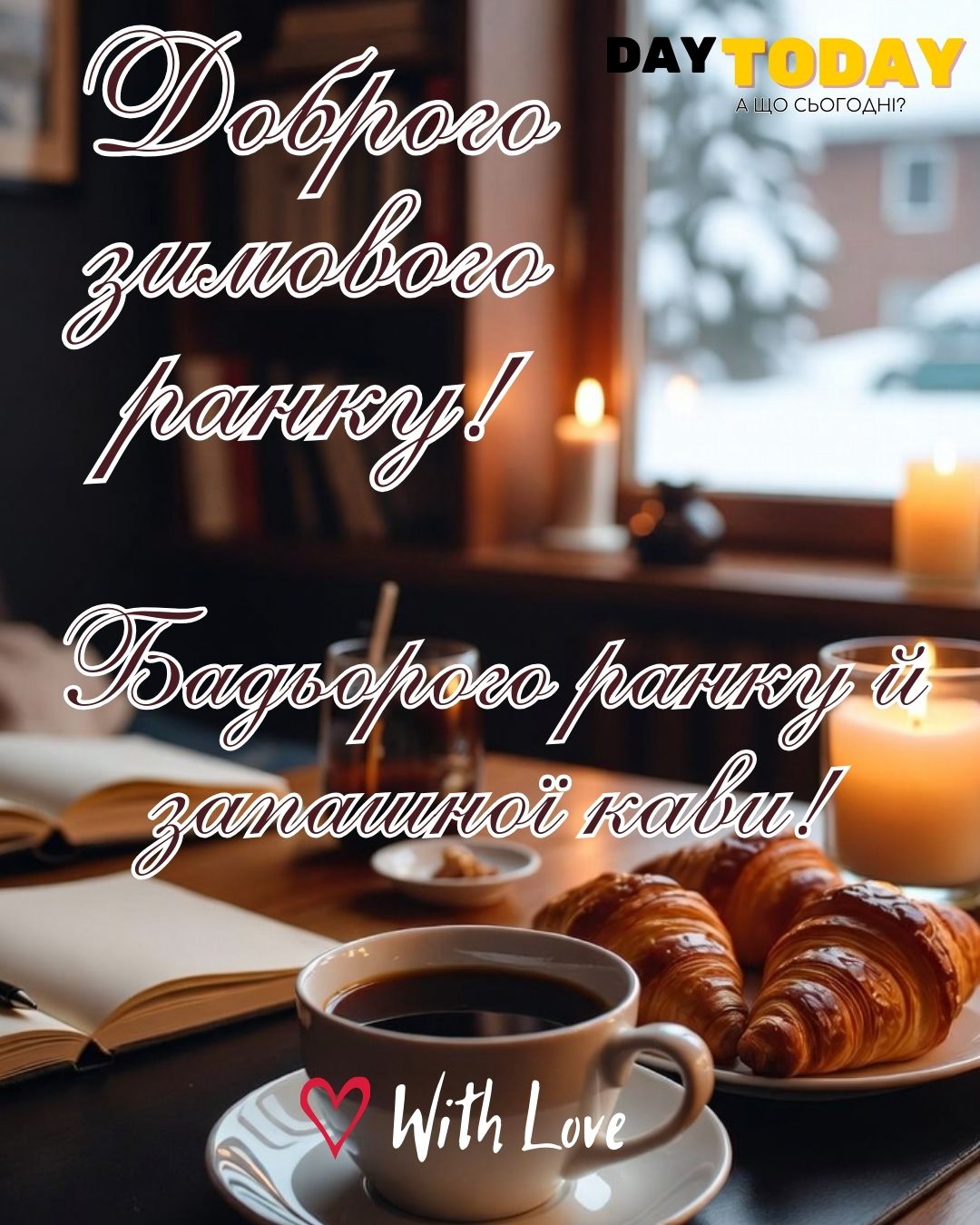 Доброго зимового ранку! Бадьорого ранку й запашної кави! картинка з чашкою кави й круасаном, зимова листівка | Вітальна листівка - Доброго ранку - Добрий день - Теплі листівки - Зимові листівки
