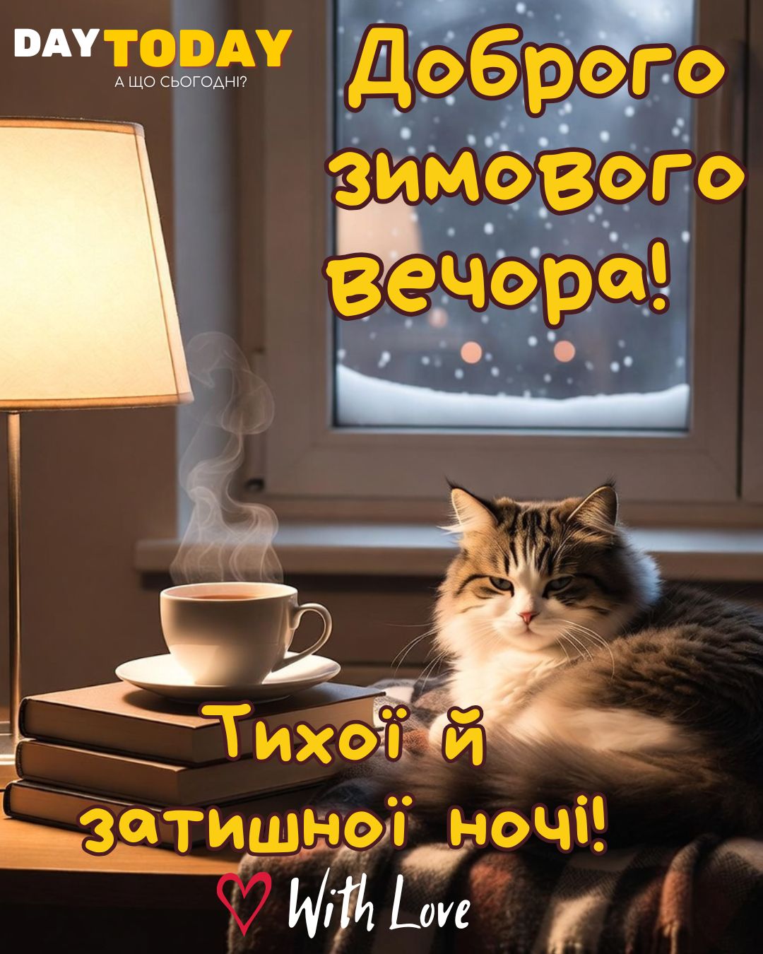 Доброї ночі! Доброго зимового вечора! Тихої й затишної ночі! картинка з котиком та чашкою чаю, зимова листівка | Вітальна листівка - Доброї ночі - Теплі листівки - Зимові листівки