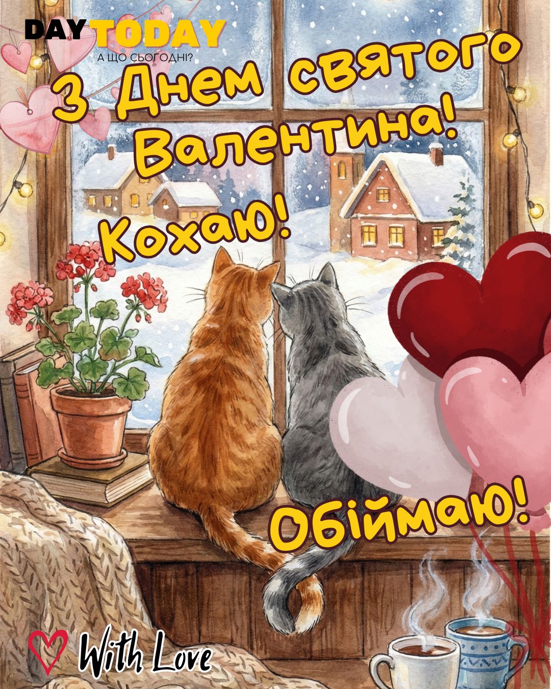 З Днем Святого Валентина! Кохаю! Обіймаю! листівка валентинка з котиками, чашками, квітами та серденьками бвля вікна, картинка на День Святого Валентина, З Днем закоханих | Вітальна листівка - Листівки на День Святого Валентина - Теплі листівки