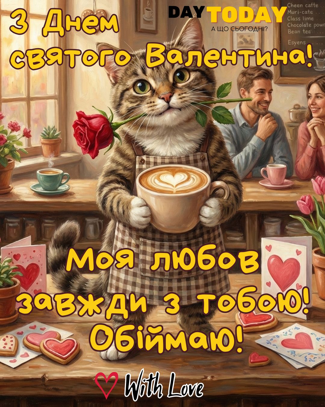 З Днем Святого Валентина! Моя любов завжди з тобою! Обімаю! листівка валентинка з котиком, чашкою кави, трояндою та серденьками, картинка на День Святого Валентина, З Днем закоханих | Вітальна листівка - Листівки на День Святого Валентина - Теплі листівки