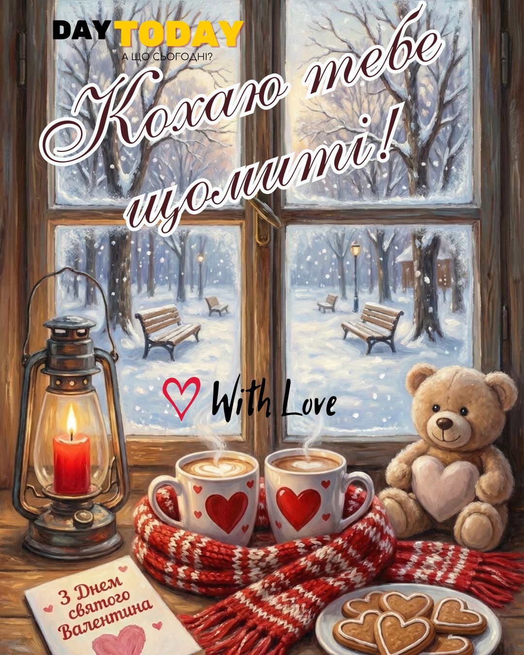 З Днем Святого Валентина! Кохаю тебе щомиті! листівка валентинка з чашками кави, печивом, свічкою та серденьками на підвіконні, картинка на День Святого Валентина, З Днем закоханих | Вітальна листівка - Листівки на День Святого Валентина - Теплі листівки
