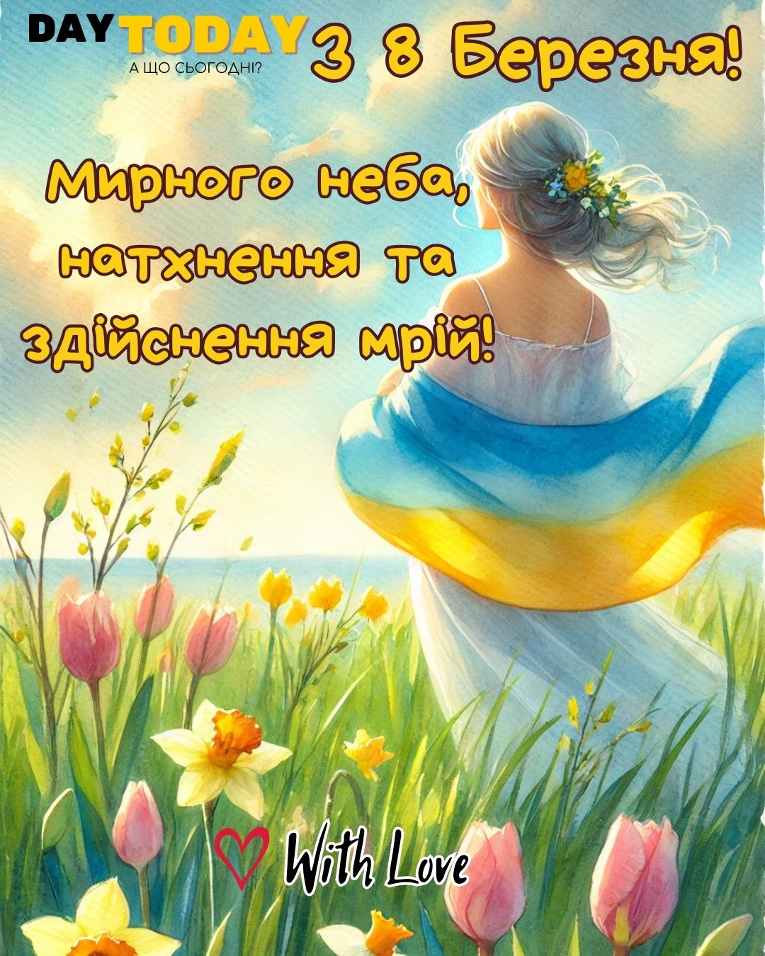 З 8 Березня! натхнення та здійснення мрій! картинка з весняними квітами та жінкою, листівка на Міжнародний Жіночий День | Вітальна листівка - Листівка на 8 березня