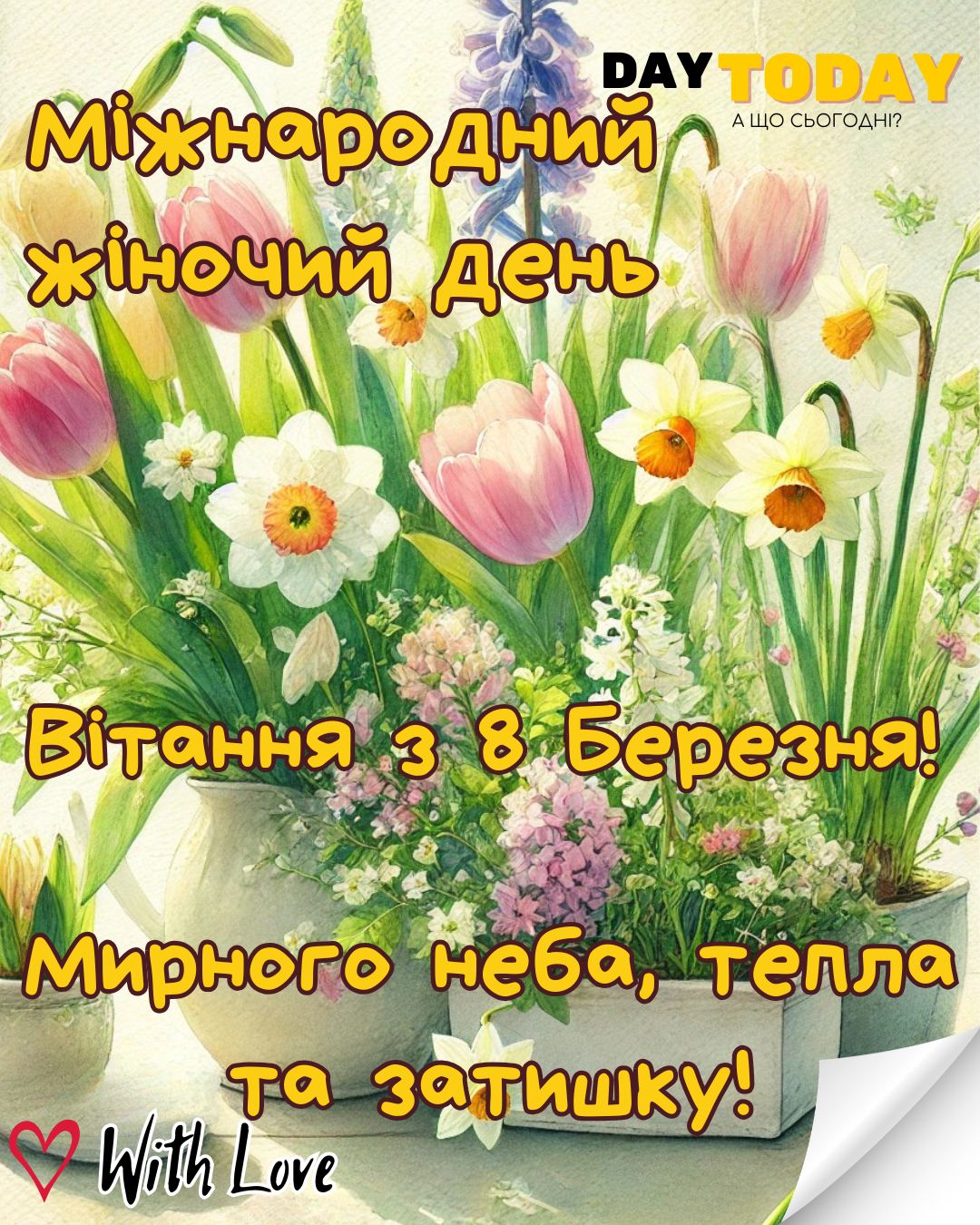 Вітання з 8 Березня! Тепла та затишку! картинка з весняними квітами, листівка на Міжнародний жіночий день | Вітальна листівка - Листівка на 8 березня