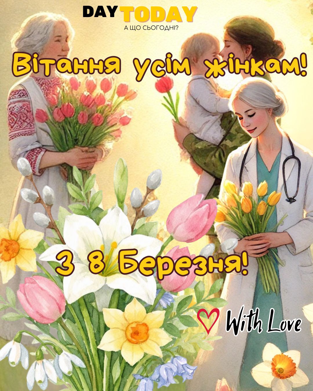 З 8 Березня! Вітання усім жінкам! картинка з весняними квітами та жінками, листівка на Міжнародний Жіночий День | Вітальна листівка - Листівка на 8 березня
