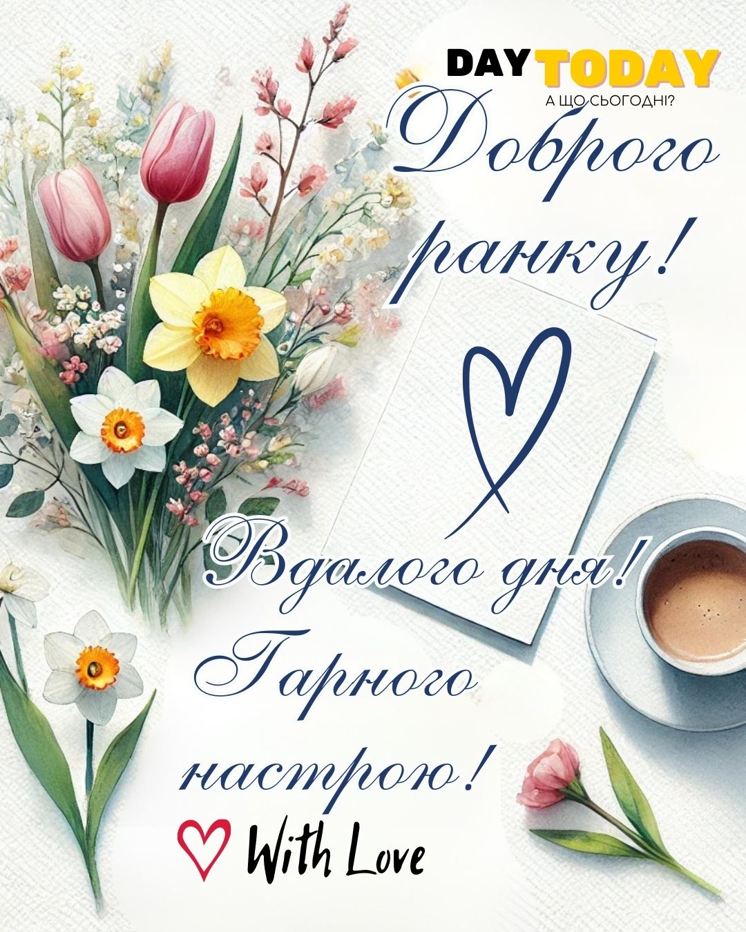 Доброго ранку! Вдалого дня! Гарного настрою! картинка з весняними квітами нарцисами та чашкою кави | Вітальна листівка - Доброго ранку - Добрий день - Теплі листівки