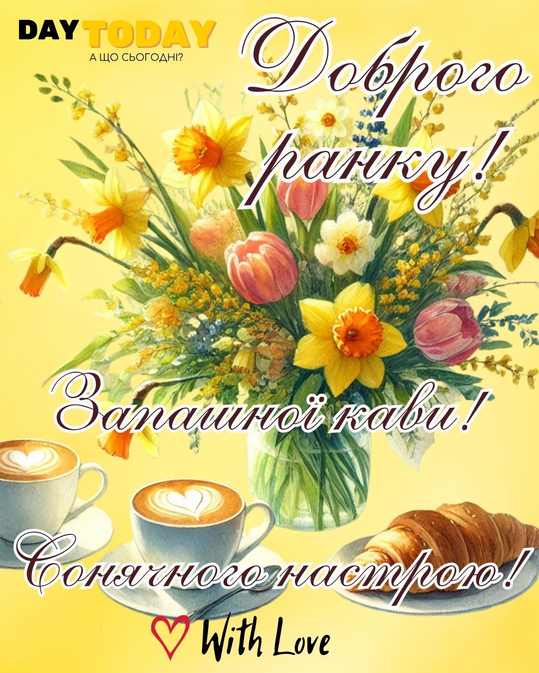 Доброго ранку! Запашної кави! Сонячного настрою! картинка з весняними квітами нарцисами та чашкою кави та круасаном | Вітальна листівка - Доброго ранку - Добрий день - Теплі листівки