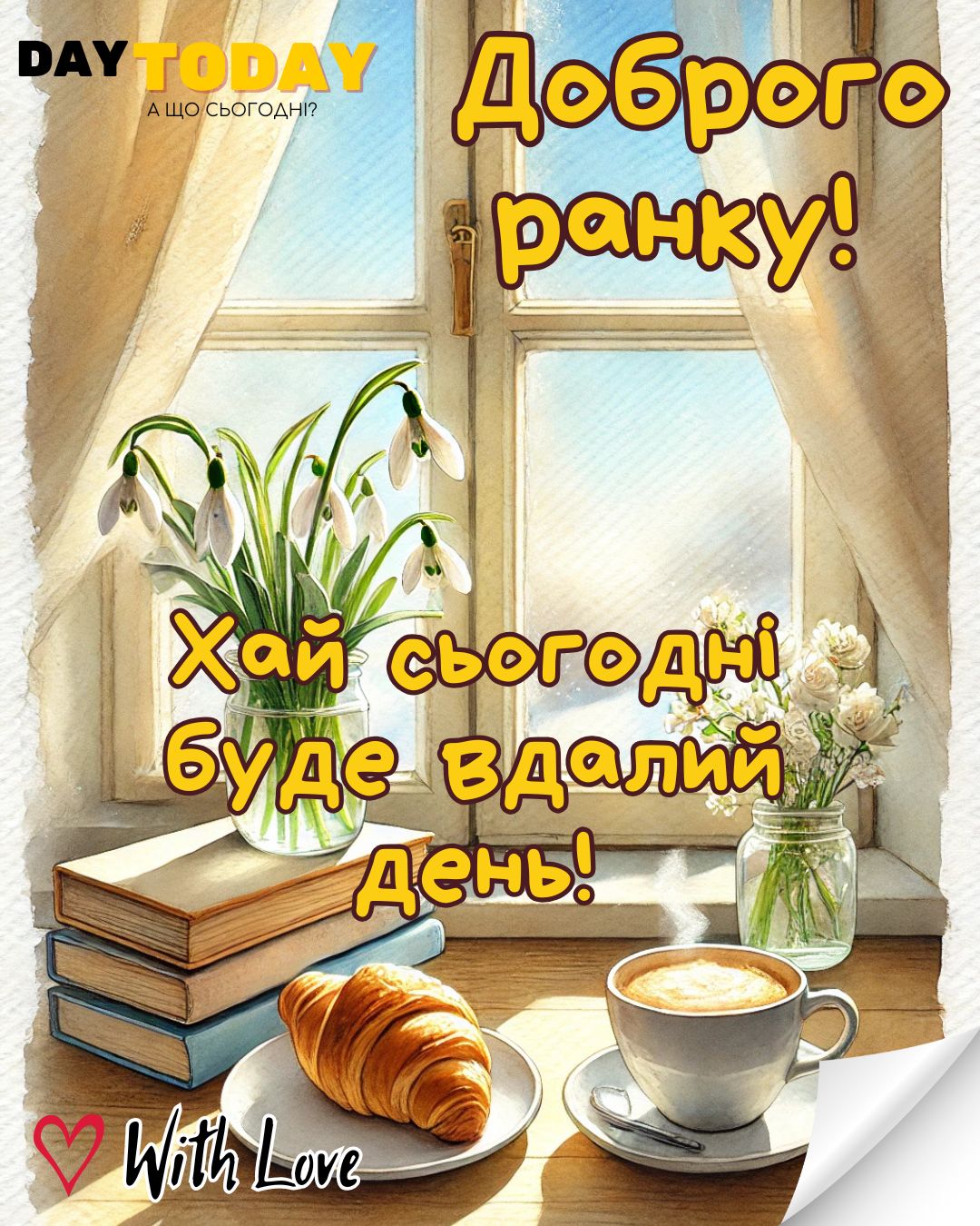 Доброго ранку! Хай сьогодні буде вдалий день! картинка з весняними квітами підсніжниками та чашкою кави та круасаном | Вітальна листівка - Доброго ранку - Добрий день - Теплі листівки