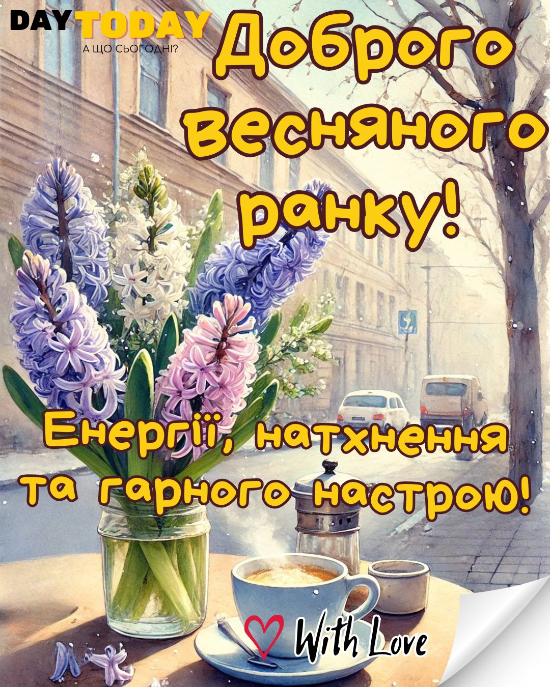 Доброго весняного ранку! Енергії, натхнення та гарного настрою! картинка з весняними квітами гіацинтами та чашкою кави | Вітальна листівка - Доброго ранку - Добрий день - Теплі листівки