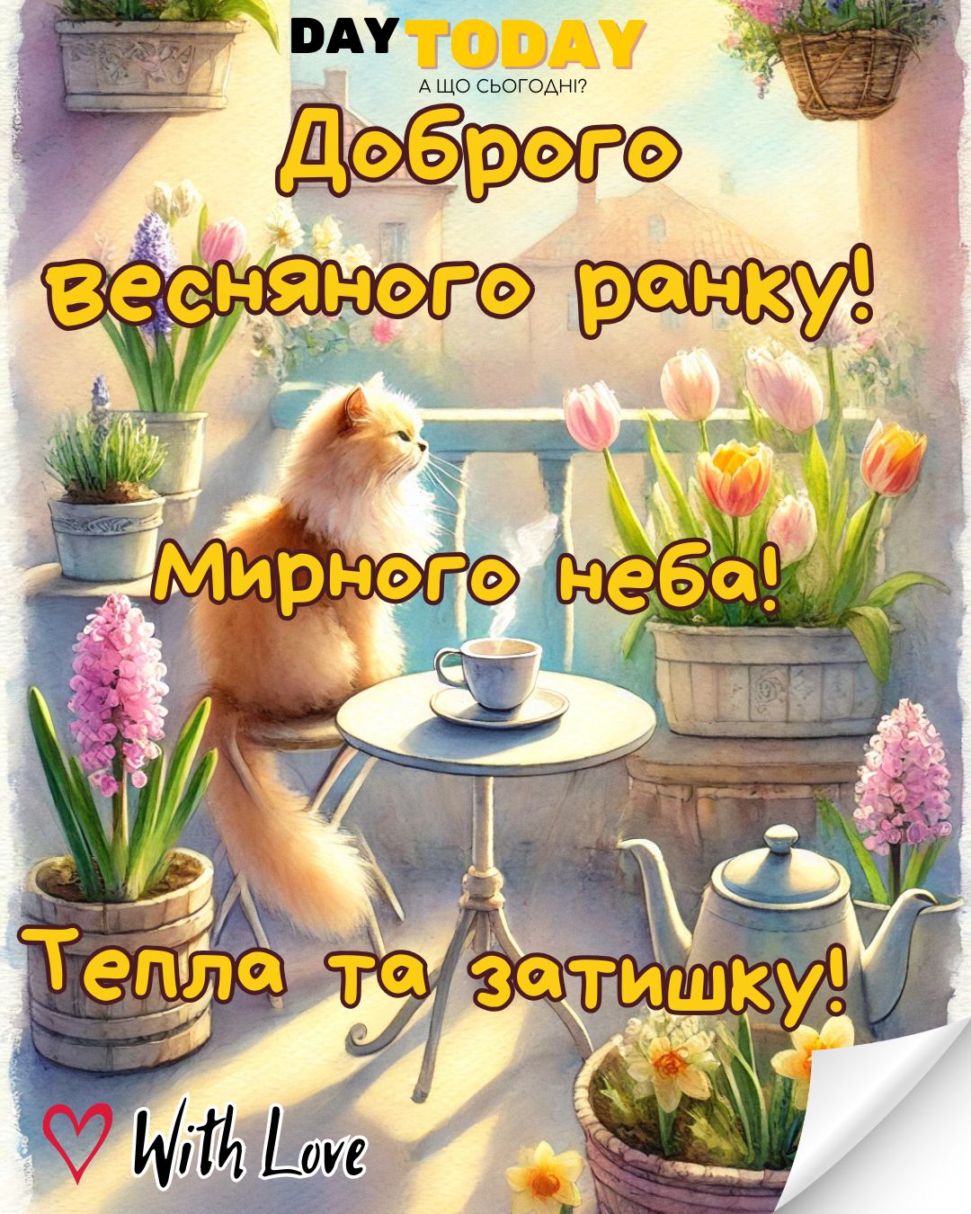 Доброго весняного ранку! Тепла та затишку! картинка з весняними квітами та чашкою кави та котиком на балконі | Вітальна листівка - Доброго ранку - Добрий день - Теплі листівки