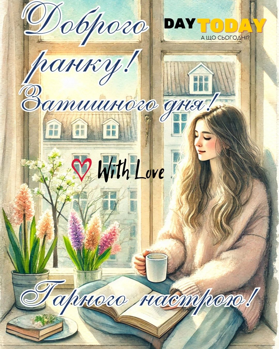 Доброго ранку! Затишного дня! гарного настрою! картинка з весняними квітами та чашкою кави та дівчиною на підвіконні | Вітальна листівка - Доброго ранку - Добрий день - Теплі листівки