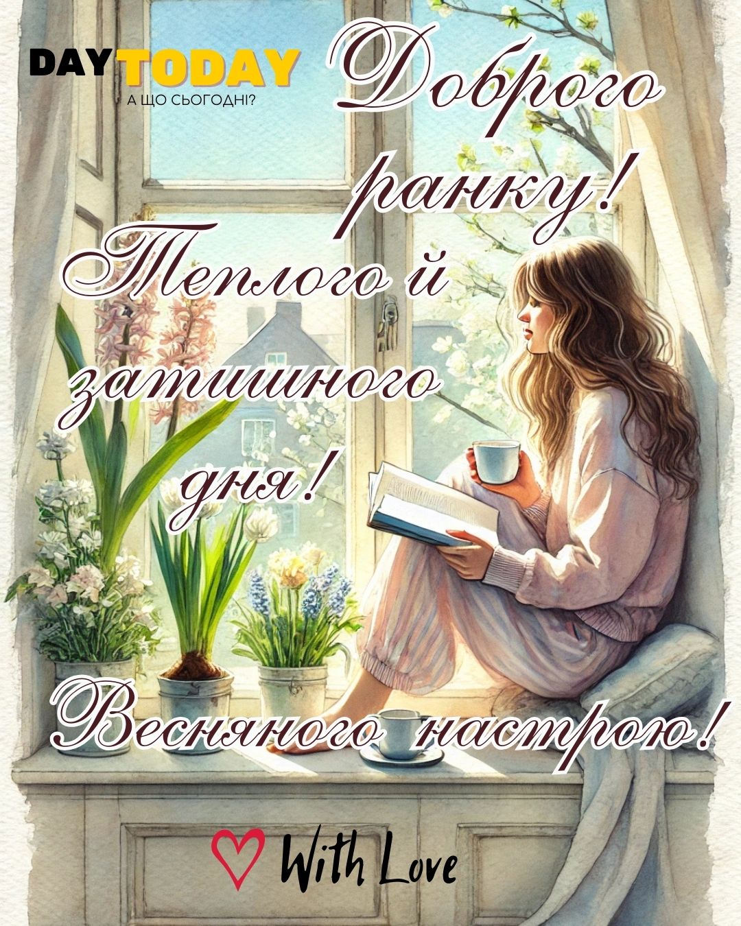 Доброго ранку! Весняного настрою! Теплого й затишного дня! картинка з весняними квітами та чашкою кави та дівчиною на підвіконні | Вітальна листівка - Доброго ранку - Добрий день - Теплі листівки