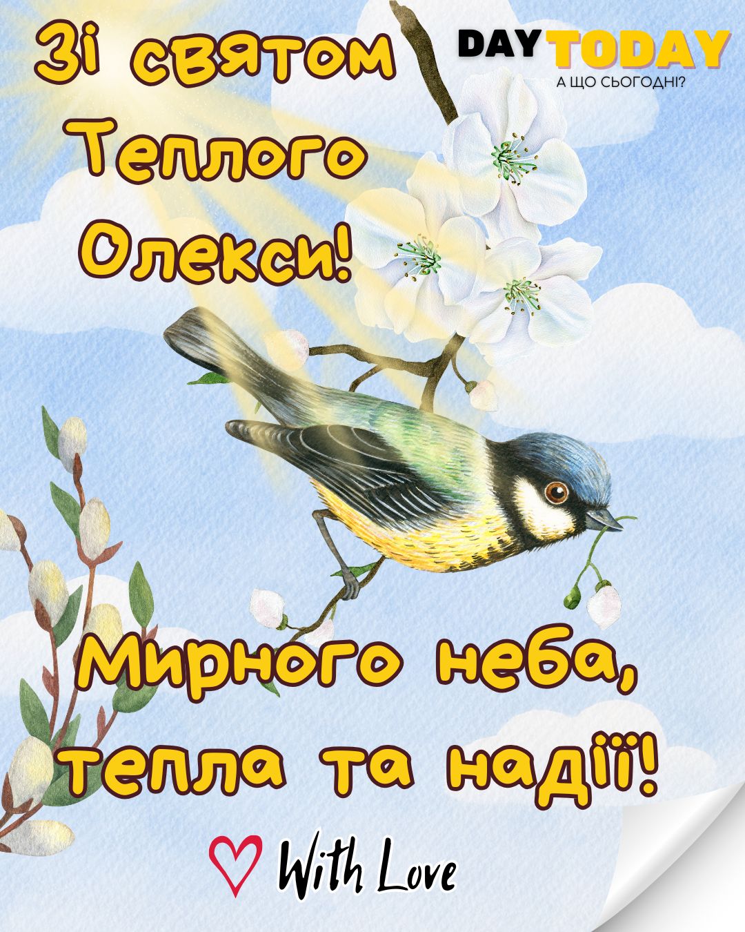 З Днем Теплого Олекси! Тепла та надії! листівка з голубом миру | Вітальна листівка - Листівки на Теплого Олекси