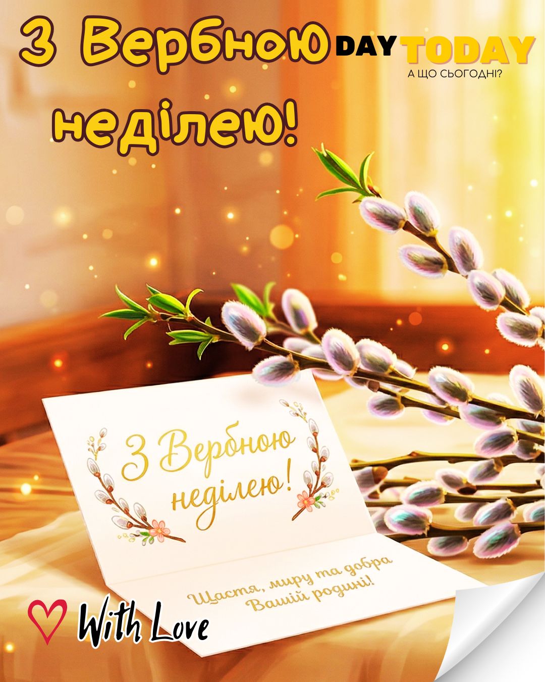 З Вербною неділею! Щастя, миру та добра Вашій родині! листівка з вербою, писанками та рушником на Вербну неділю | Вітальна листівка - Листівка на Вербну неділю