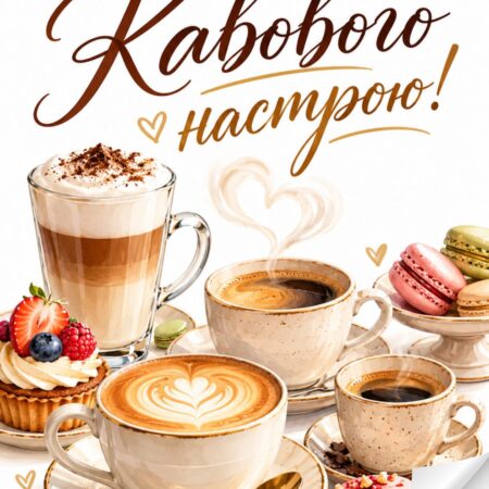 Кавового настрою! картинка з чашками різної кави на Міжнародний день кави | Вітальна листівка - Листівки до Міжнародного дня кави