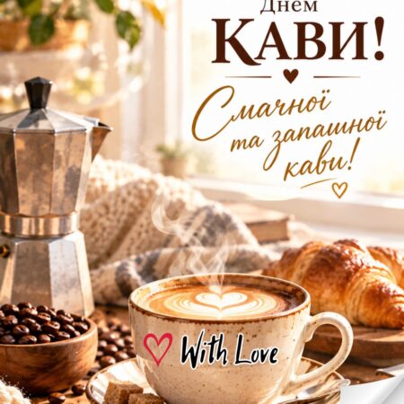 Смачної та запашної кави! З Міжнародним днем кави! картинка з чашкою кави на Міжнародний день кави | Вітальна листівка - Листівки до Міжнародного дня кави