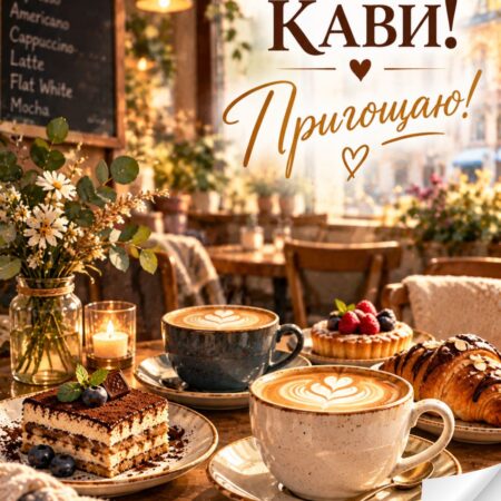 З Міжнародним днем кави! Пригощаю! картинка з чашками кави на Міжнародний день кави | Вітальна листівка - Листівки до Міжнародного дня кави