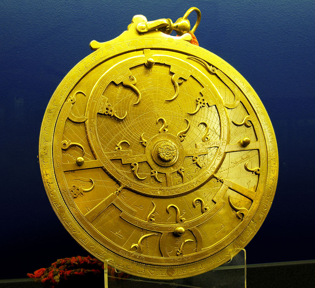 An 18th Century Persian astrolabe – maker unknown. The points of the curved spikes on the front rete plate, mark the positions of the brightest…