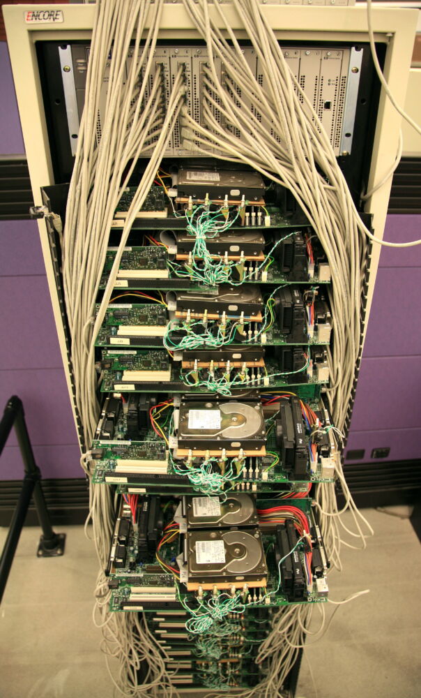 Google’s First Production Server ...with the hair pulled back, revealing a rack of cheap networked PCs, circa 1999. Each level has a couple of PC…