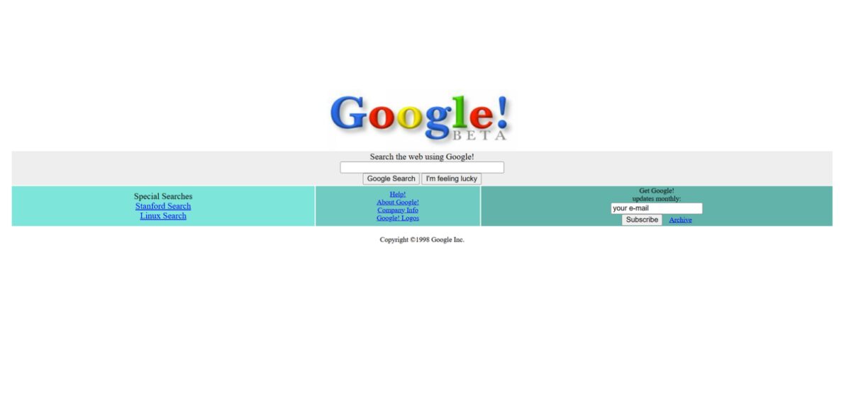 The main page of Google on 1998.