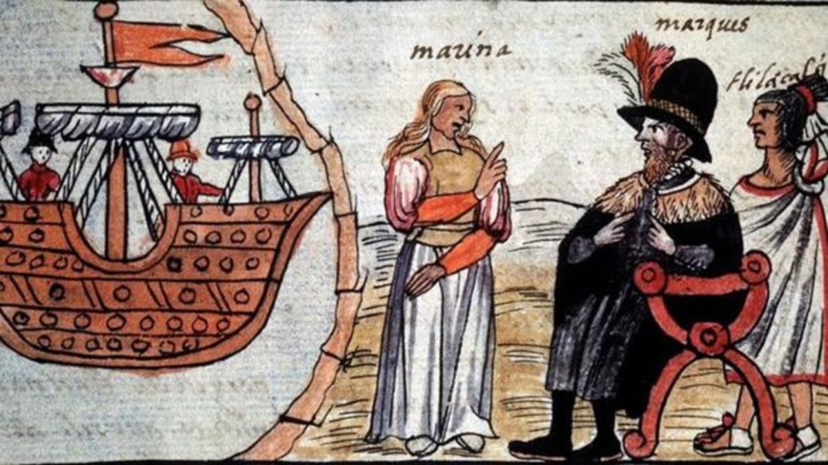 a page of the Dur&aacute;n Codex (1576) depicting Hern&aacute;n Cort&eacute;s and La Malinche, in Mexico-Tenochtitlan.