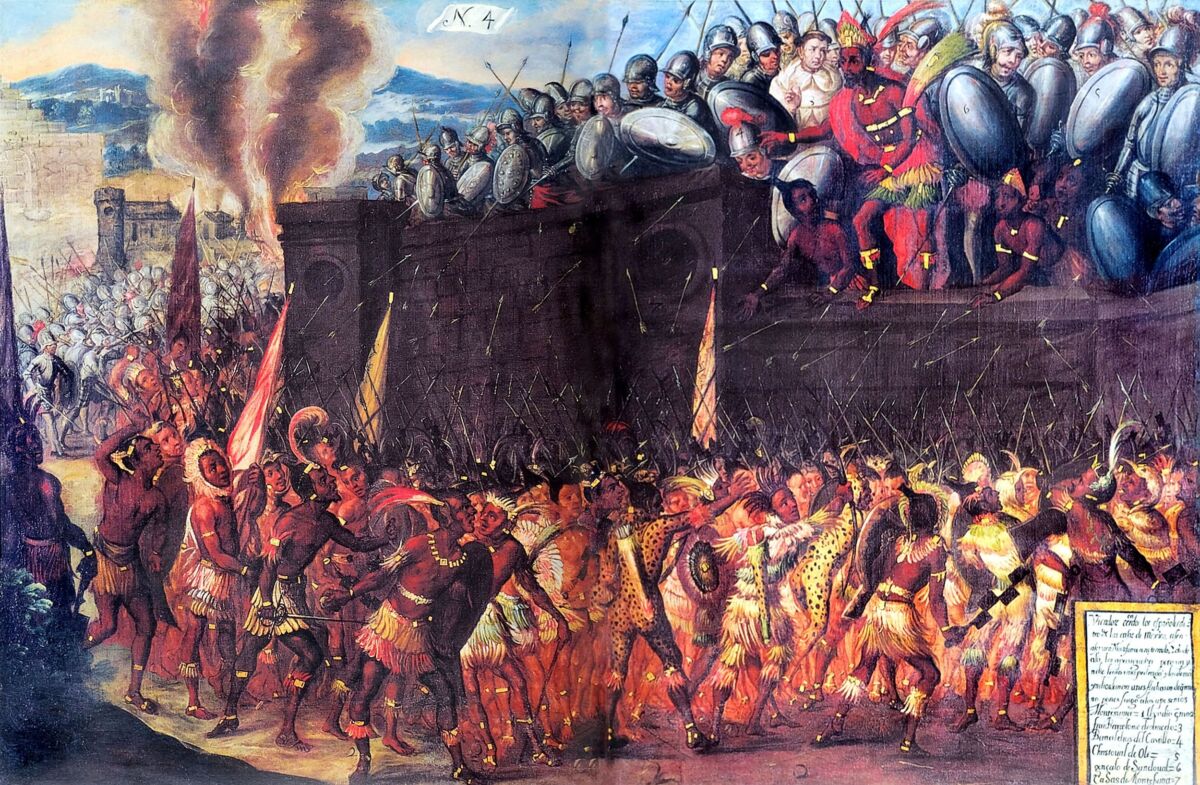 Moctezuma, who was taken hostage by Cort&eacute;s, appears in public on the upper level of the palace in an attempt to ease the hostility of&hellip;