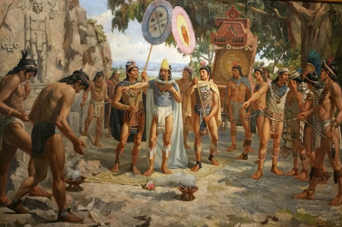 Painting made by Mexican artist Daniel del Valle titled Moctezuma II visitando las tumbas de sus antepasados (Moctezuma II visiting the tombs of his ancestors),&hellip;