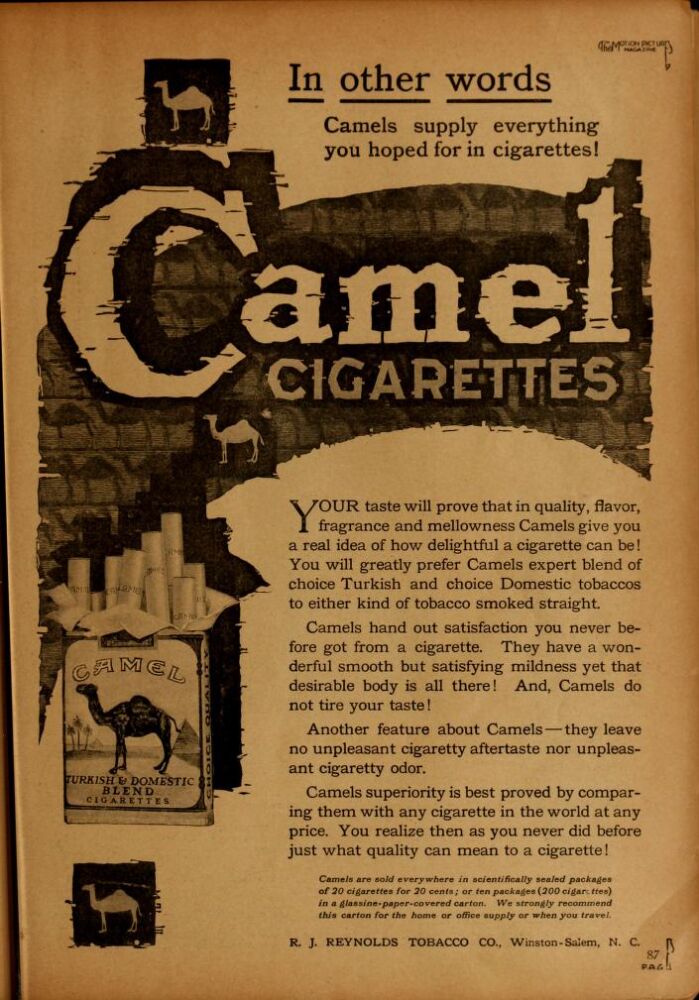 Rare Advertisement for Camel Cigarettes, from 1920.